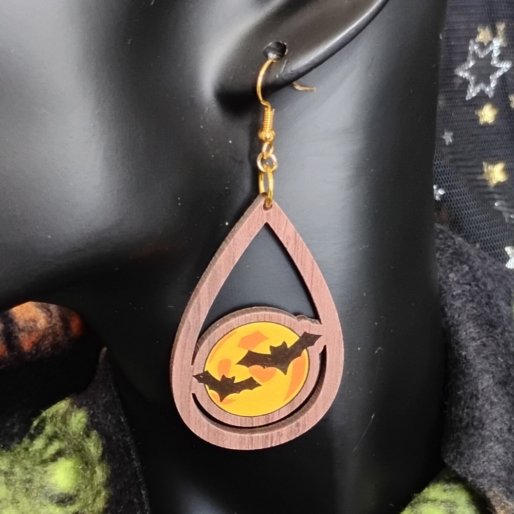 GROOVY GLAM Handmade Halloween Earrings Lazer Cutout Wood Bats on Full Moon